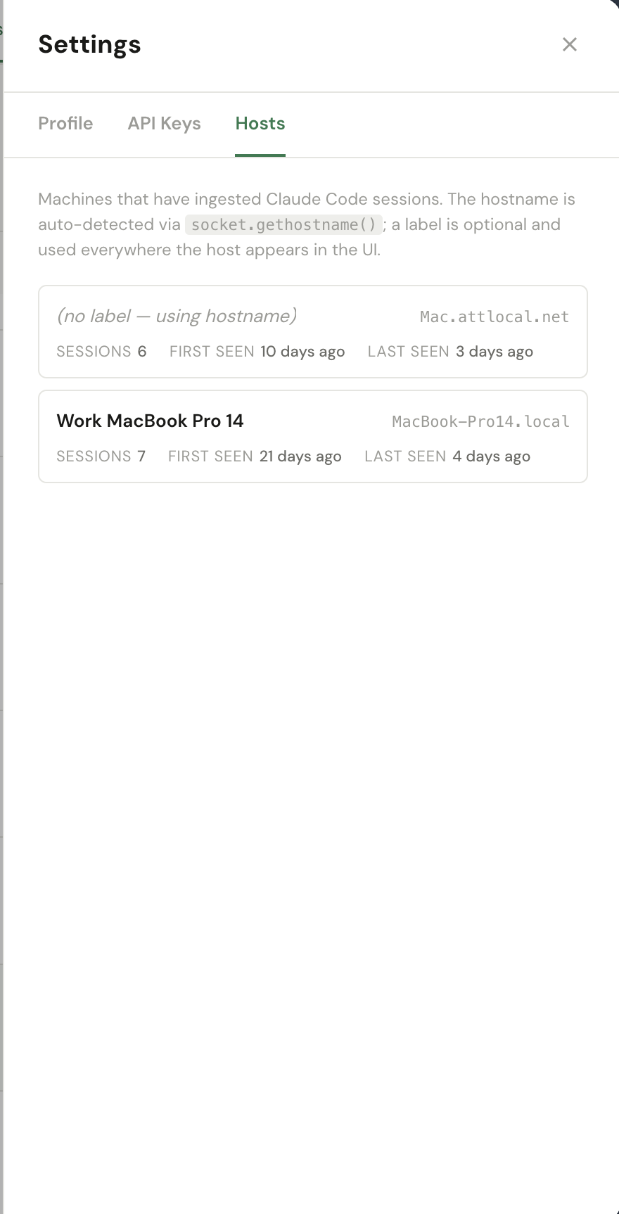 Hosts tab showing two machines: an unlabeled host with auto-detected hostname 'Mac.attlocal.net', and 'Work MacBook Pro 14' labeled host with hostname 'MacBook-Pro14.local', each showing session counts and first/last-seen dates