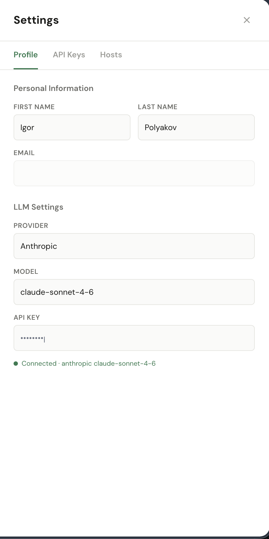 Profile tab of the Settings panel showing Personal Information (first name, last name, email) and LLM Settings (provider, model, masked API key) with a green Connected status indicator