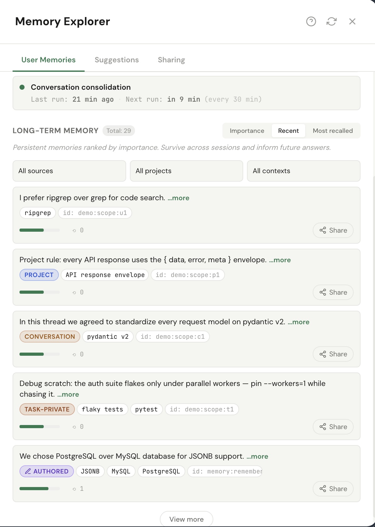 ENGRAM Memory Explorer long-term memory list; memory cards each show an owner-ring scope badge — TASK-PRIVATE, CONVERSATION, PROJECT — while a user-scoped preference card has no badge